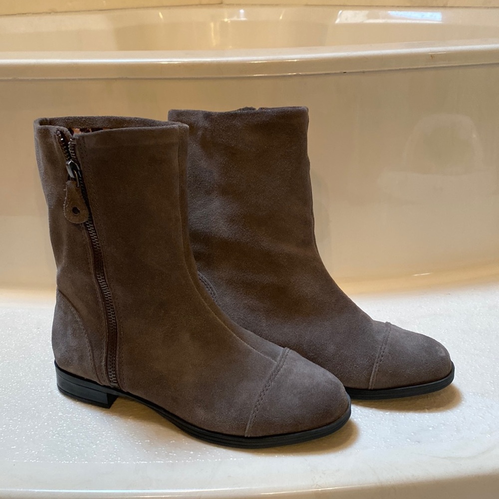 Michelle D gray suede booties with leopard lining